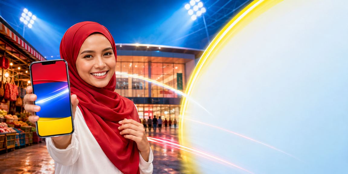 Antara muka cashback bonus platform dengan latar bandar Kota Bharu Malaysia